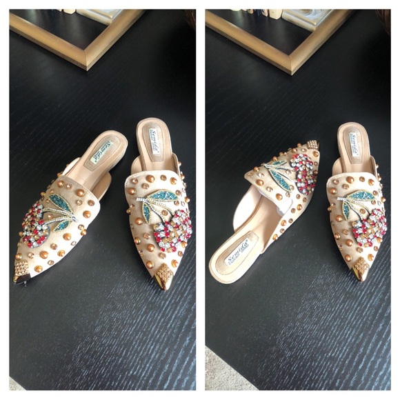 Cherry Rhinestone Khaki Metal Pointed Closed Toe Loafers - Picture 8 of 17